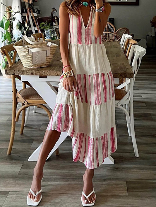 Stylish Striped Printed V-Neck Sleeveless Midi Dress