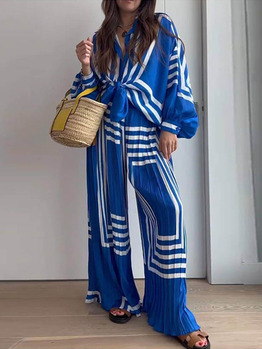 Printed Striped Shirt Pleated Straight Wide-Leg Pants Suit