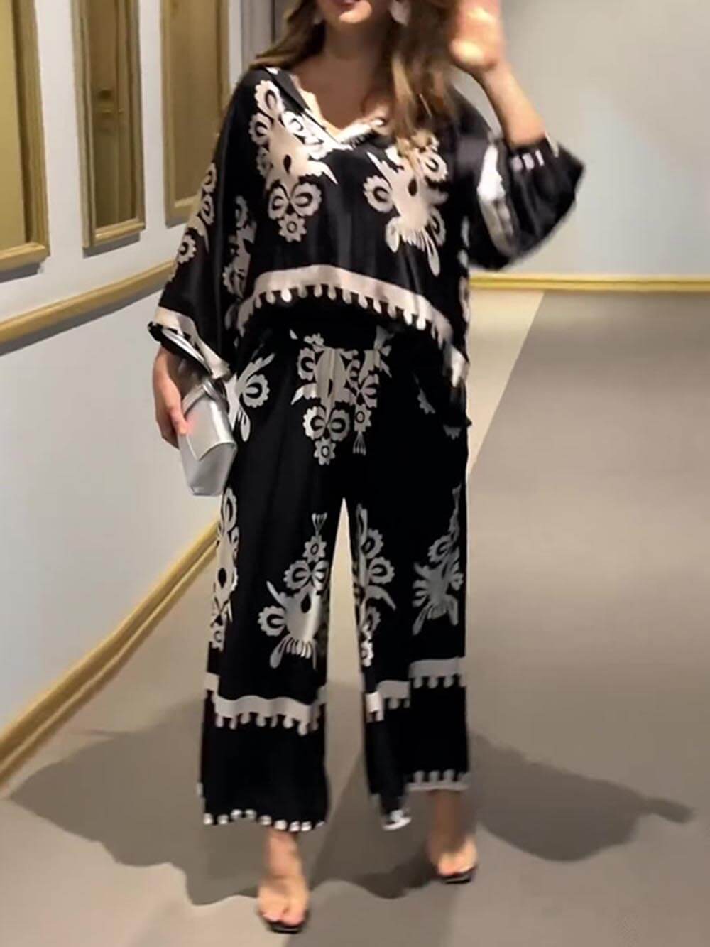 Unique Print Irregular Long Sleeve Top Long Pants Two Piece Set