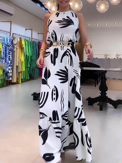 Unique Print Tie-up Neckline Loose Cocktails Maxi Dress