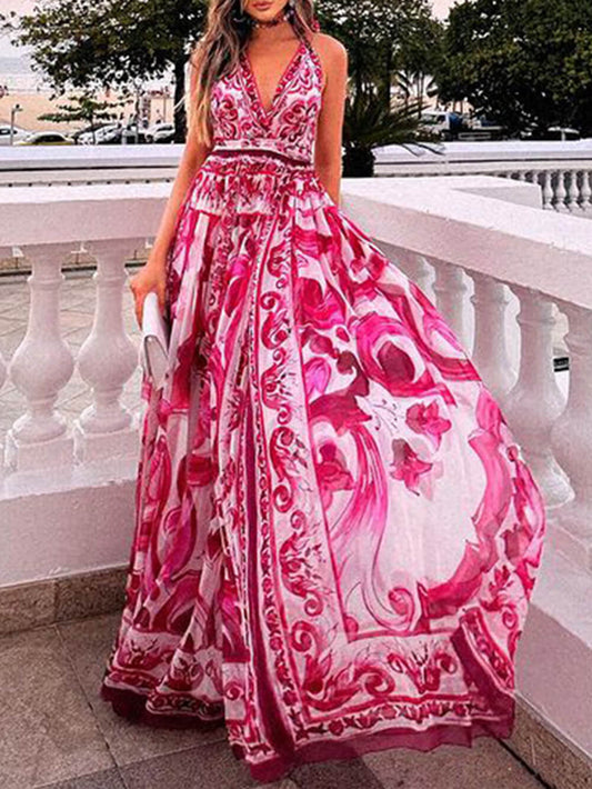 Halter Neck Backless Printed Fashionable Maxi Dress