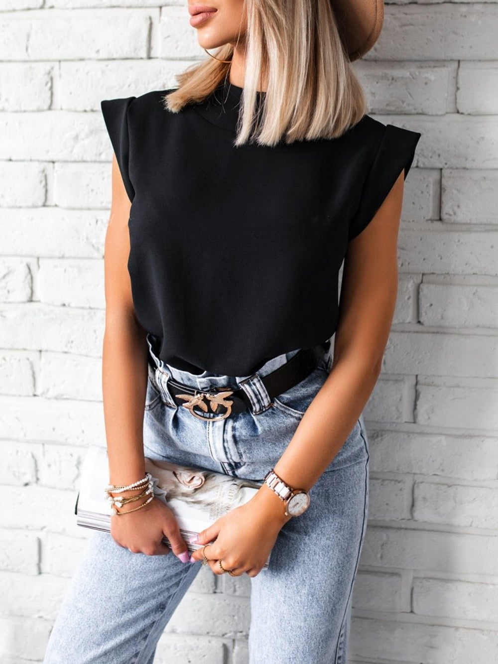 Mock Neck Cap Sleeve Blouse