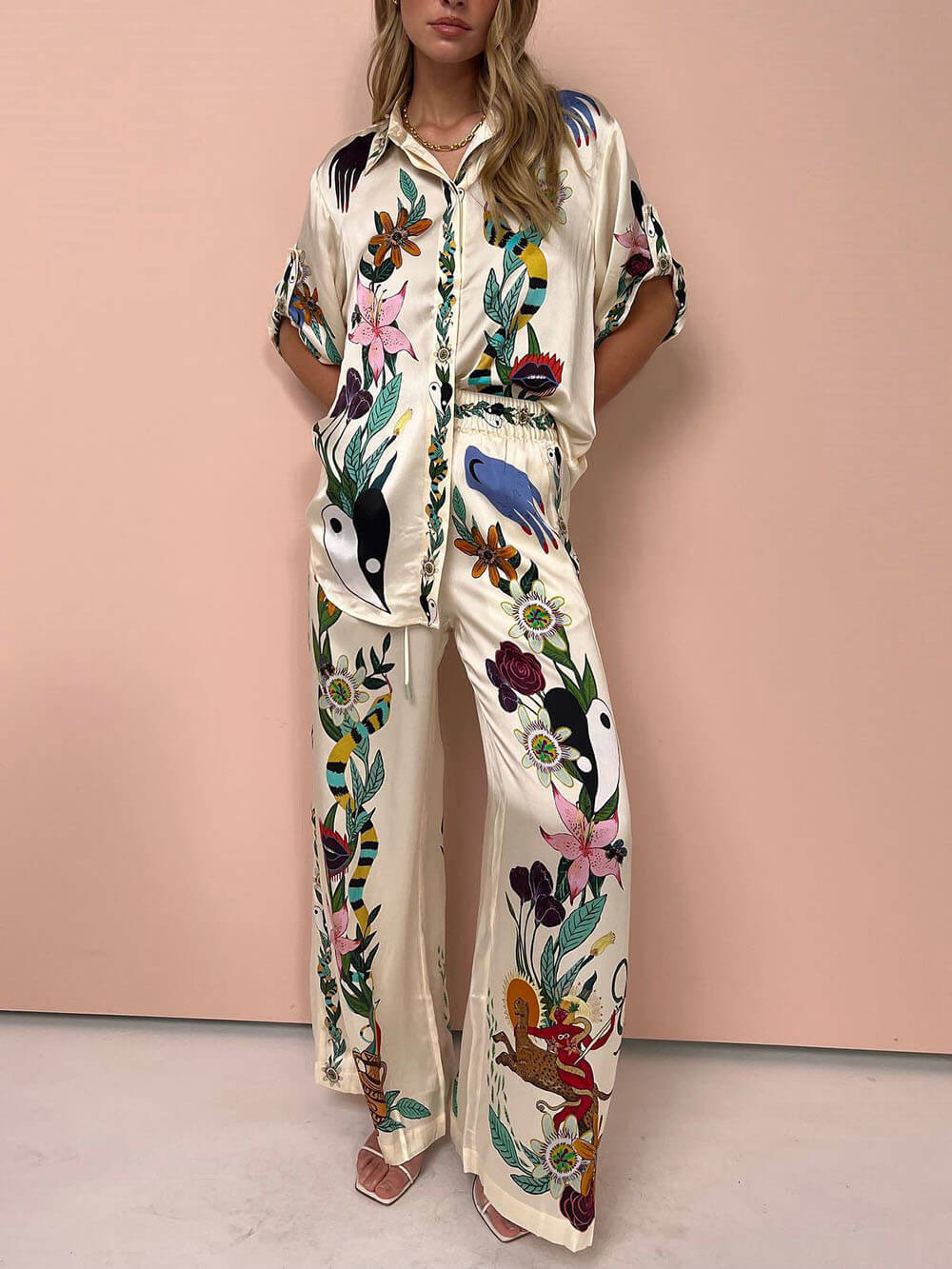 Satin Unique Print Elastic Waist Pocketed Wide Leg Pants