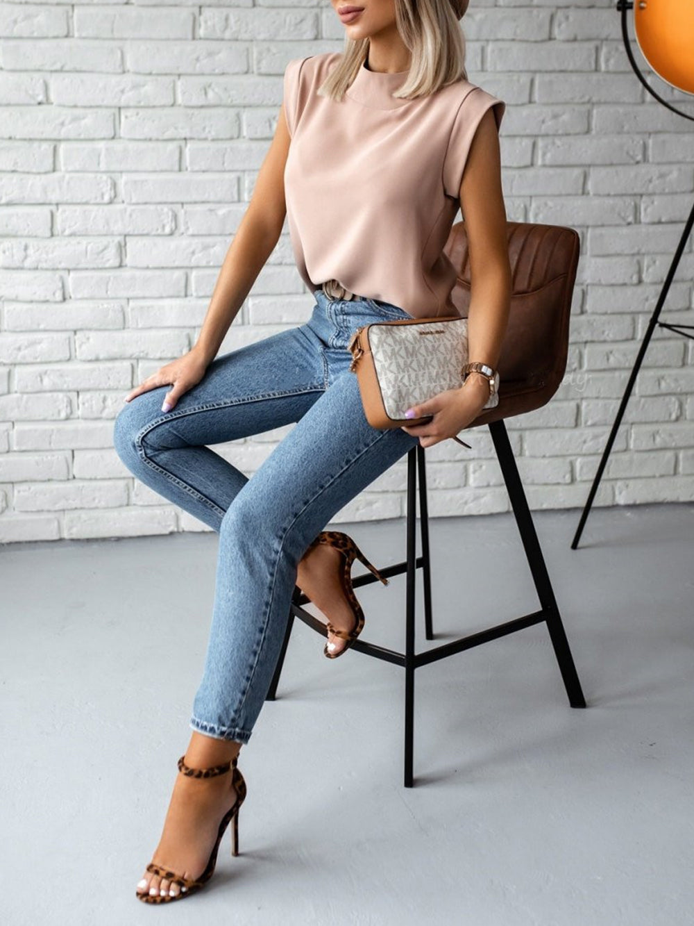 Mock Neck Cap Sleeve Blouse