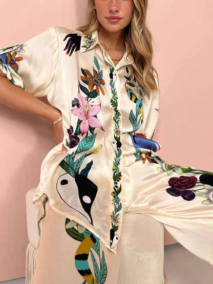 Modern Sophisticated Feel Satin Unique Print Button Down Oversized Blouse