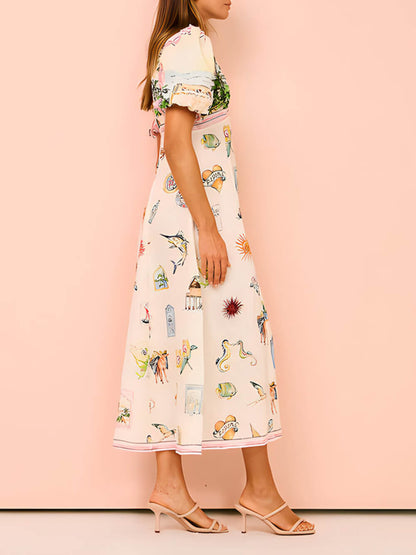 Feature Printed Ethnic Style Round Neck Midi Dress