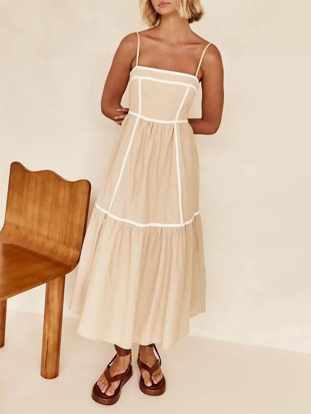 Contrast Color Trim Adjustable Straps Midi Dress