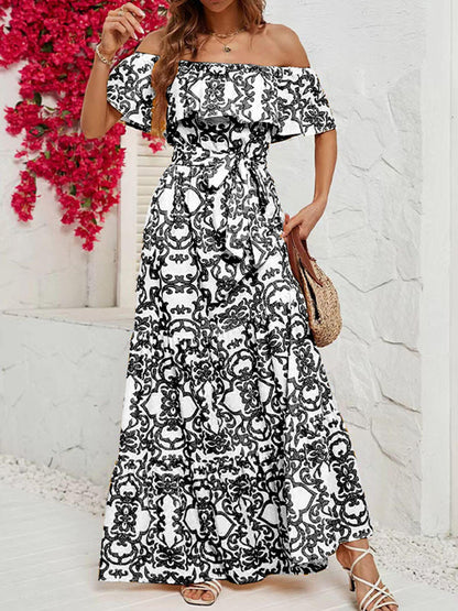 One-Shoulder Short-Sleeve Printed Ruffle Maxi Dress