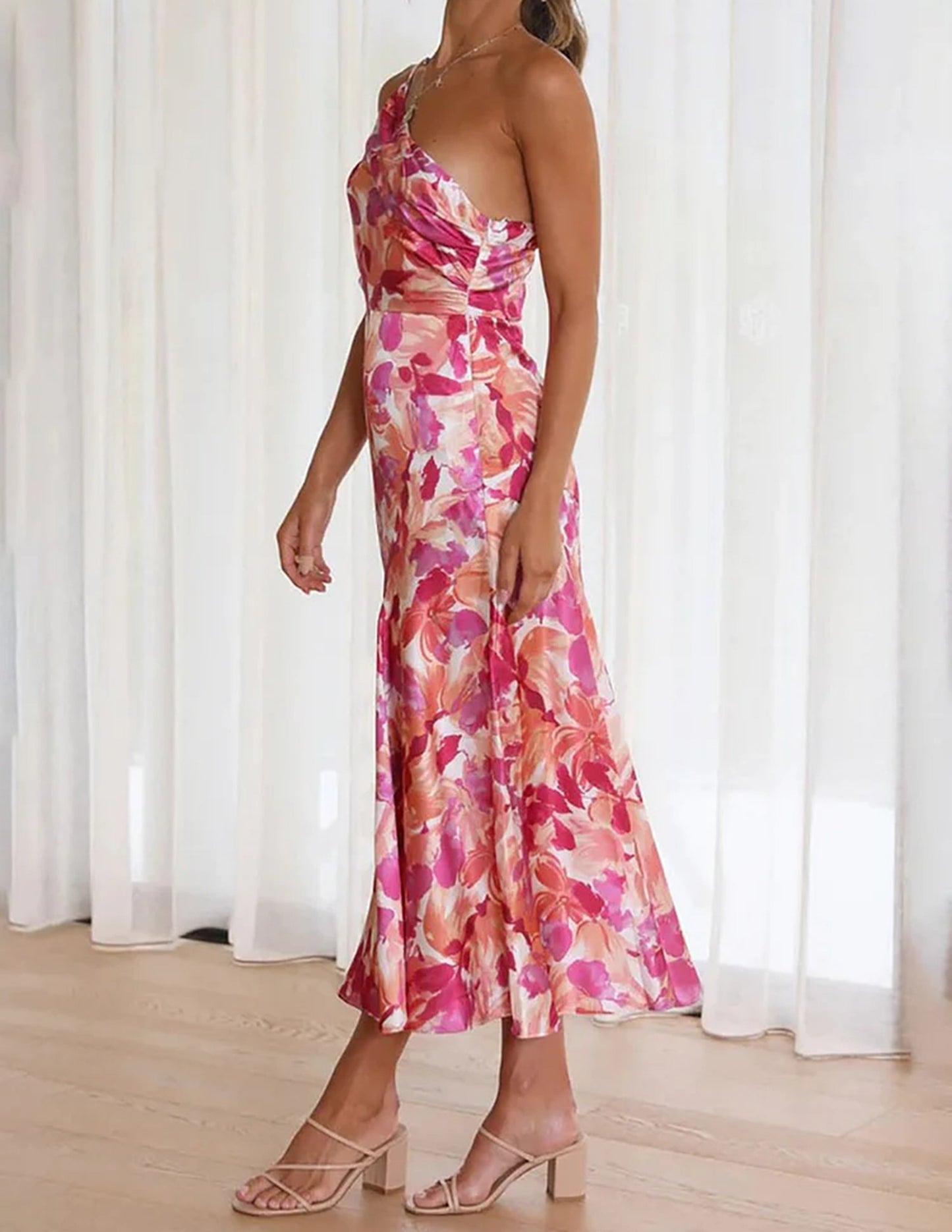 Pink Floral One Shoulder Ruched Satin Dress