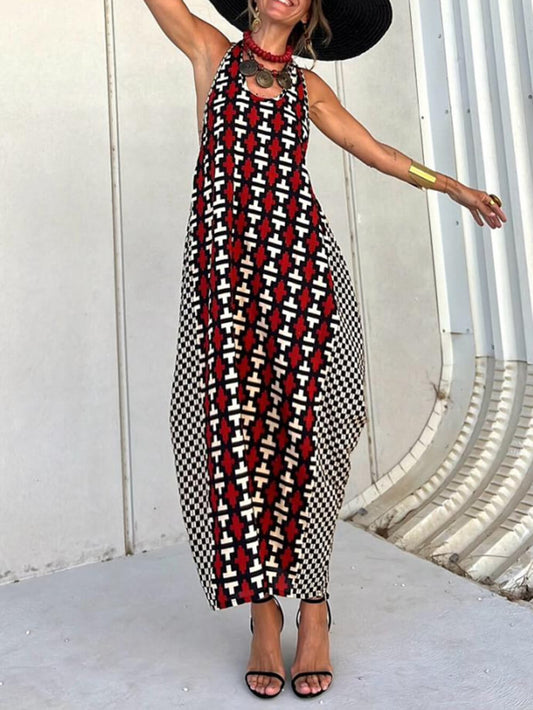 Ethnic Unique Print Lantern Cut Tank Maxi Dress