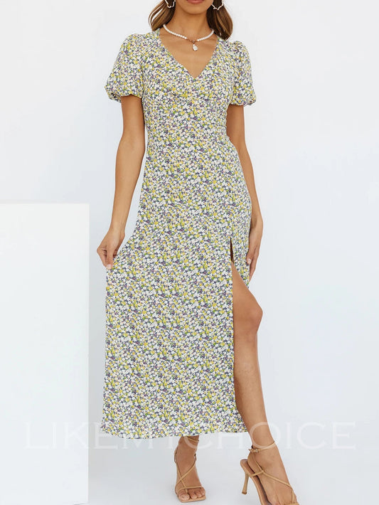 Short Sleeve Casual Beach Printed Midi V-neck Dresses