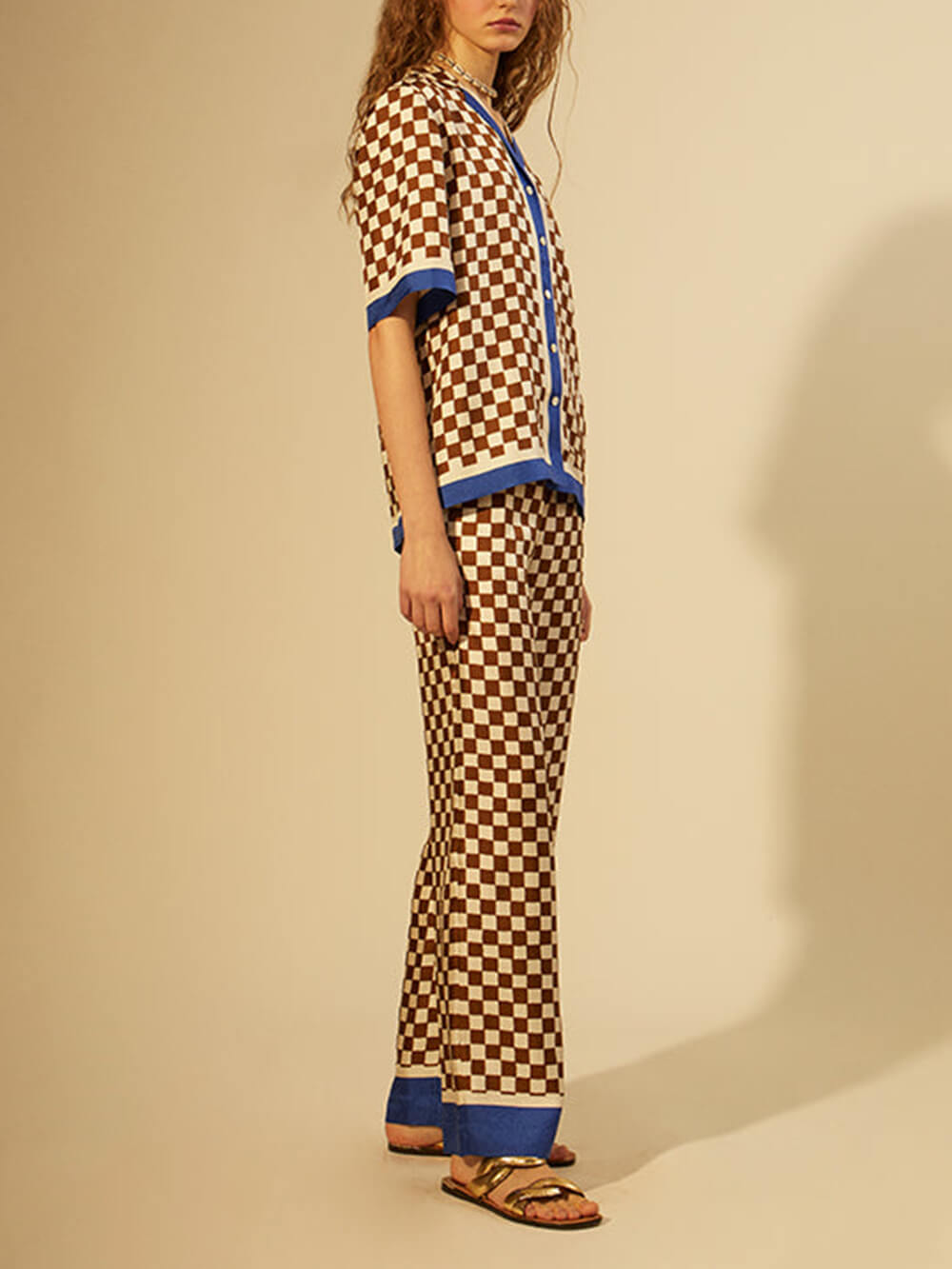 Unique Checkerboard Print Blue Stripe Patchwork Loose Top