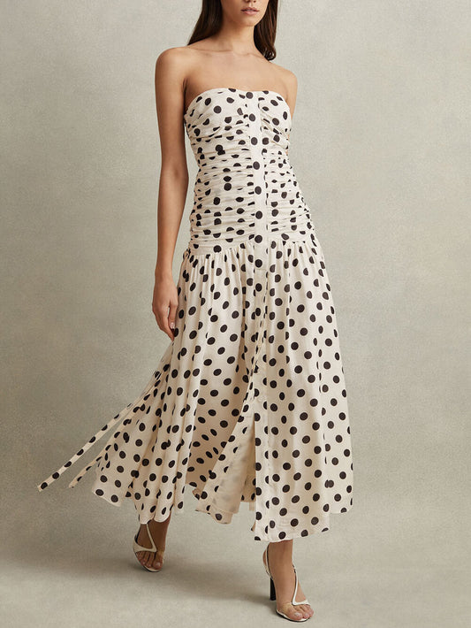 Vacation Style Wrap Bust Polka Dot Print Pleated Midi Dress