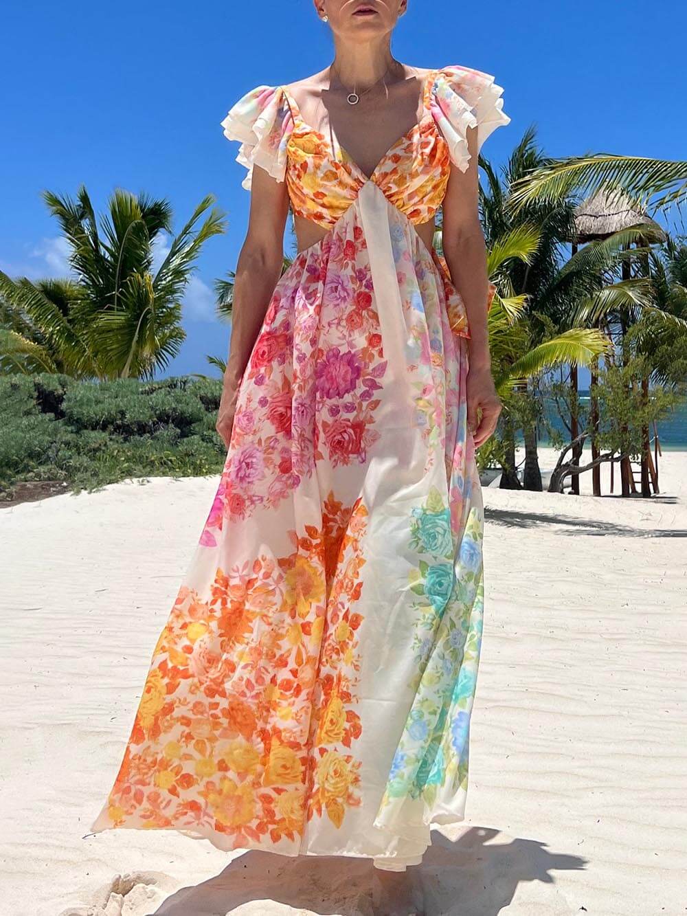 Floral Frill Cutout Back Tie-Up Maxi Dress