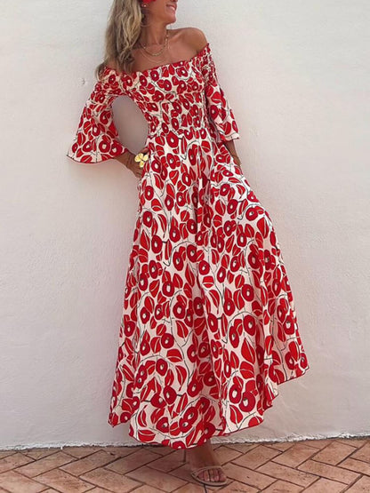 Floral Print Smocked Off Shoulder Pocketed Maxi Dress