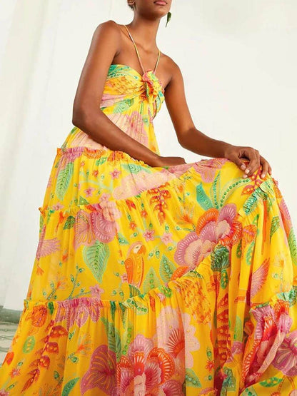 Hanging Neck Printed Floral Design Backless Straight Maxi Dress