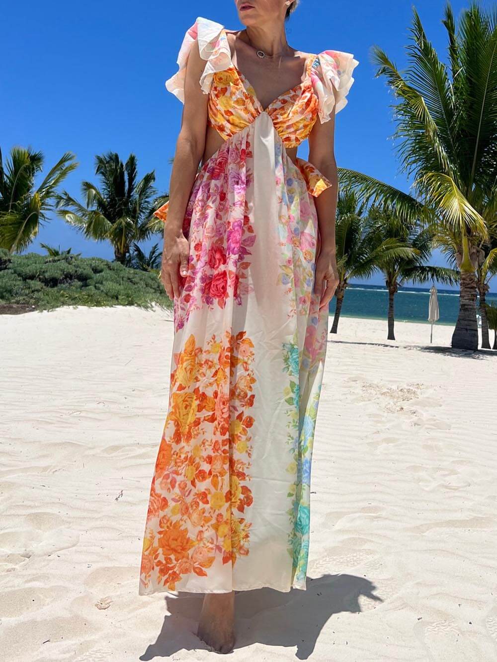 Floral Frill Cutout Back Tie-Up Maxi Dress