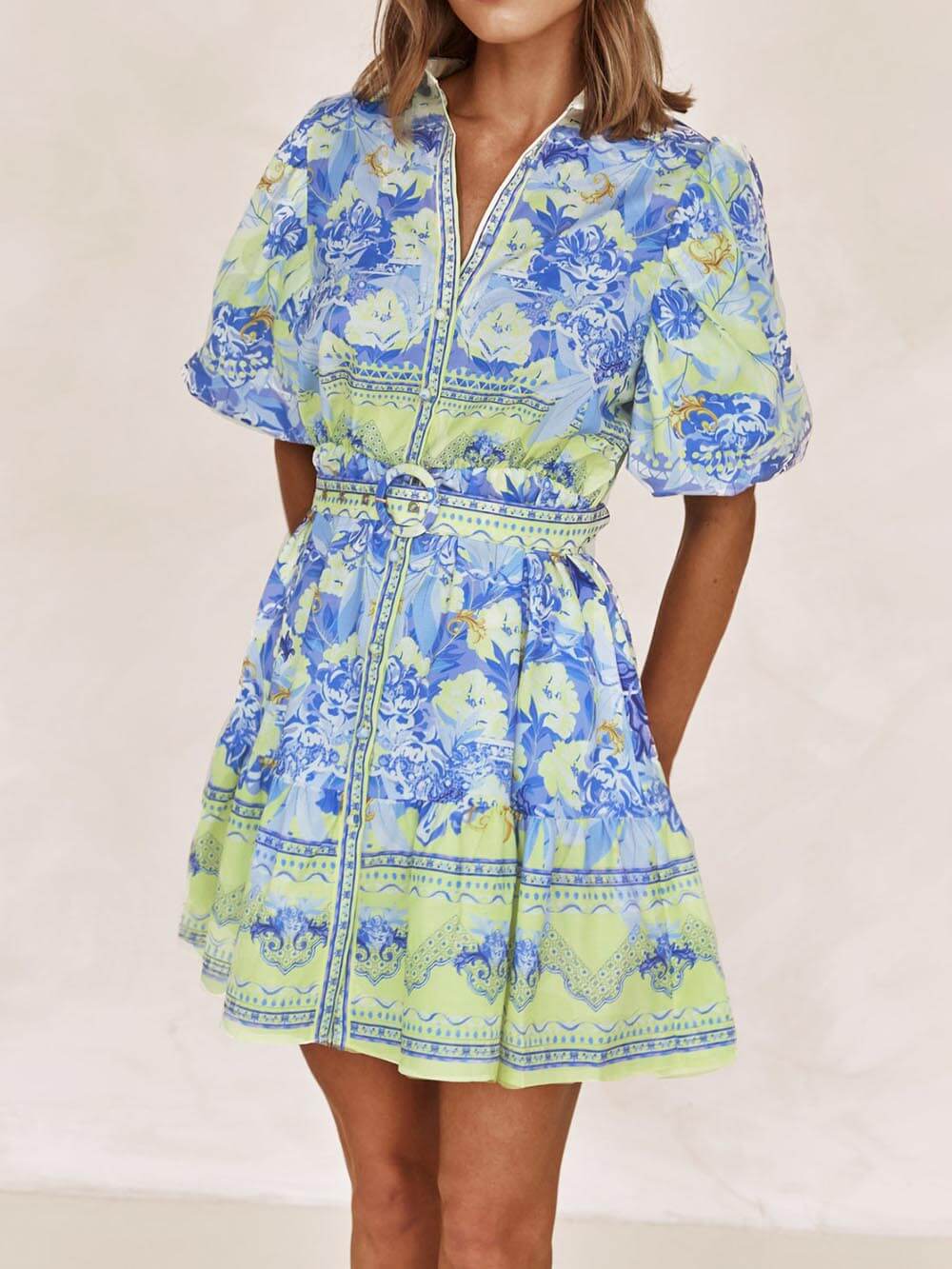 Blue & Yellow Floral Print Mini Dress