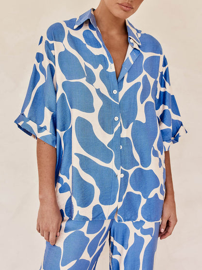 Striped Pattern Blue And White Printed Loose Shirt