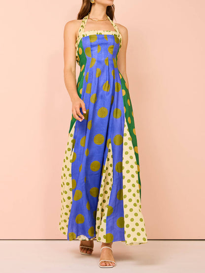 Ethnic Feature Polka Dots Halter Midi Dress