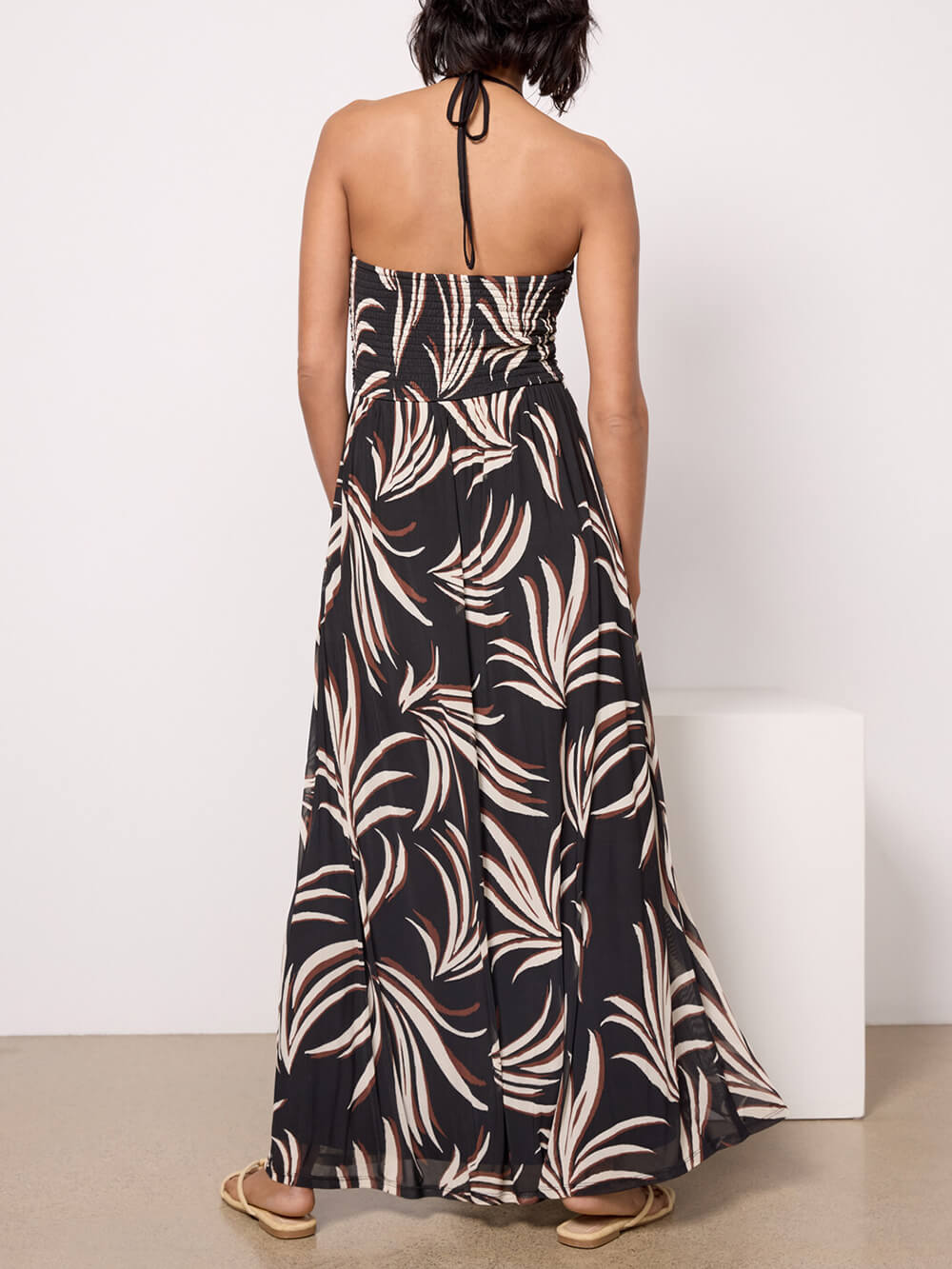 Palm Print Pleated Embellished Hanging Neck Pocket Extra Maxi Dress