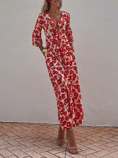 Vacation Floral Print Smocked Off Shoulder Pocketed Maxi Dress