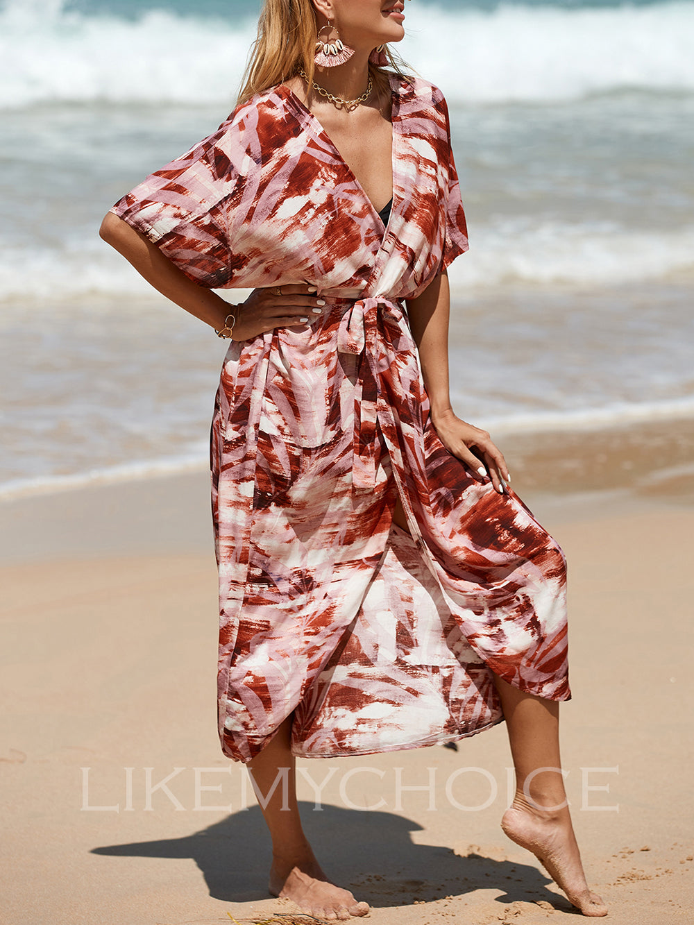 Womens Coral Print Open Front Beach Dresses