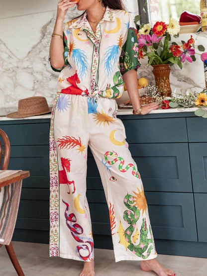 Unique Print Short Sleeve Loose Shirt And Elastic Waist Pants Set