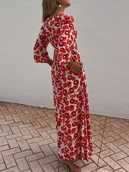 Vacation Floral Print Smocked Off Shoulder Pocketed Maxi Dress