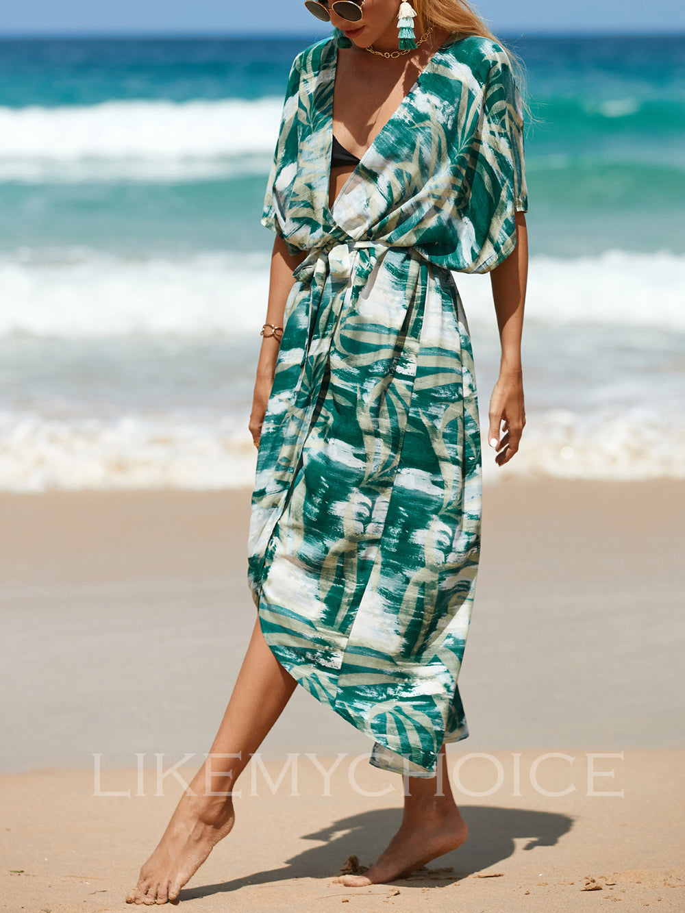 Womens Coral Print Open Front Beach Dresses