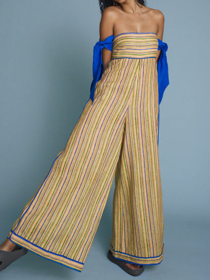 Stylish Striped Contrast Color Sleeveless Off-Shoulder Jumpsuit