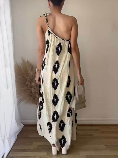 Sunshine Ethnic Print One Shoulder Loose Maxi Dress