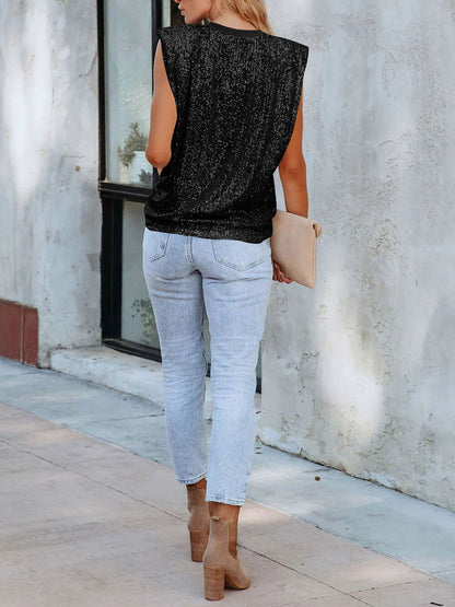 Sequined Sequined Shoulder-Padded Sleeveless Tank Top