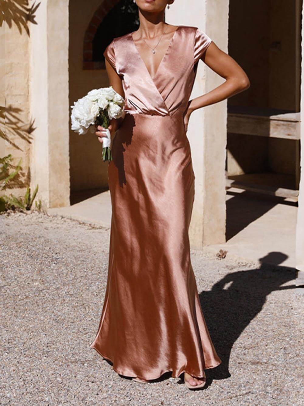 Spring/Summer Satin Solid Color V-Neck Fishtail Party Dress