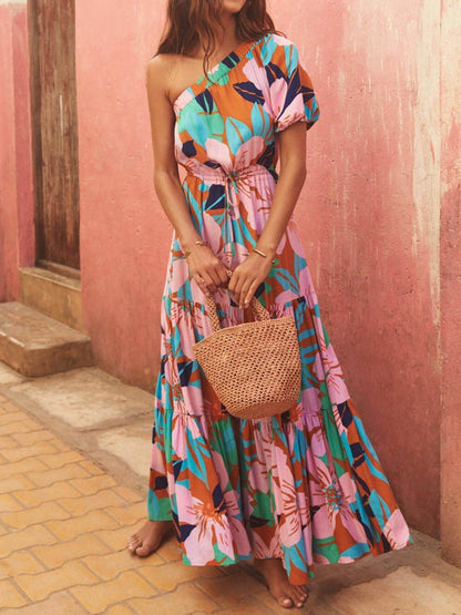 Palm Leaf Print Off-Shoulder Holiday Style Floral Dress