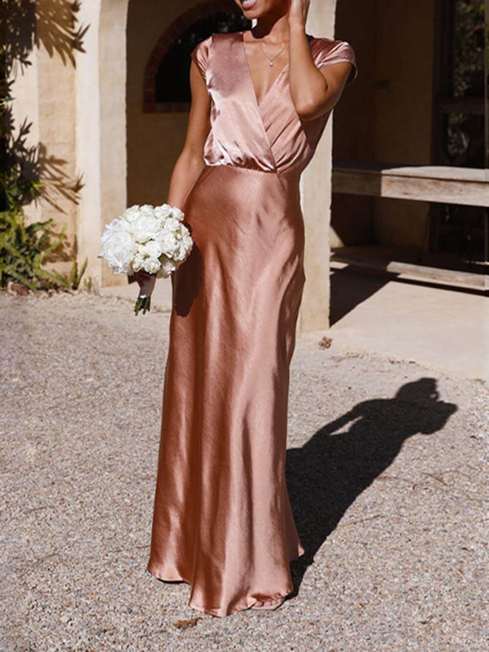 Spring/Summer Satin Solid Color V-Neck Fishtail Party Dress