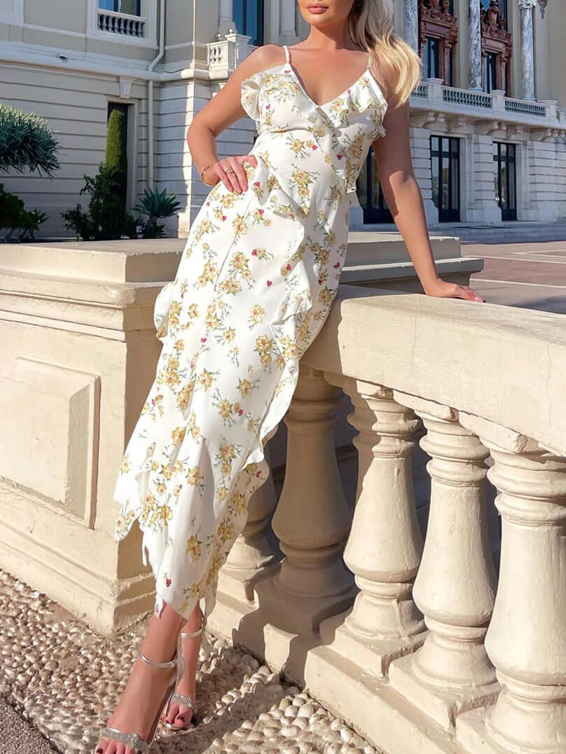 Holiday Floral Hem Side Slit Midi Dress