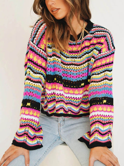 Mid-Color Crew Neck Striped Sweater