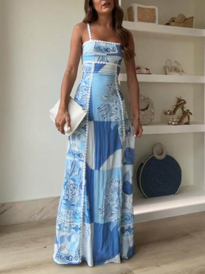 Unique Lace Patchwork Printed Back Tie Halter Flare Maxi Dresses