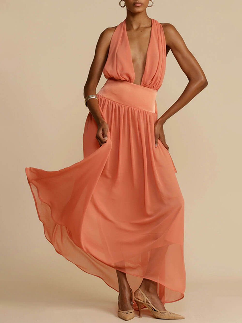 Tulle Halter Neck Backless Maxi Dress