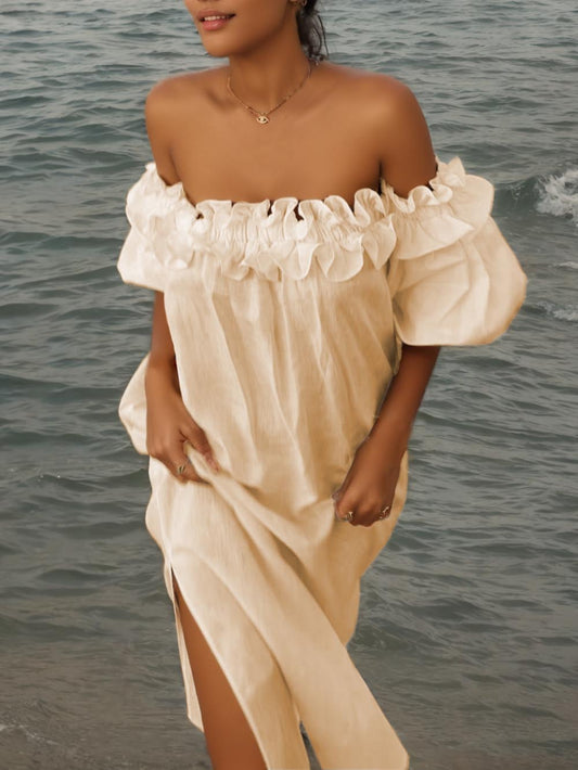 Off Shoulder Ruffle Puff Sleeve Pocketed Midi Dress