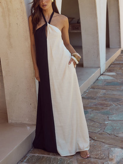 Hanging Neck Bold Contrast Color Halter Pocketed A-Line Maxi Dress