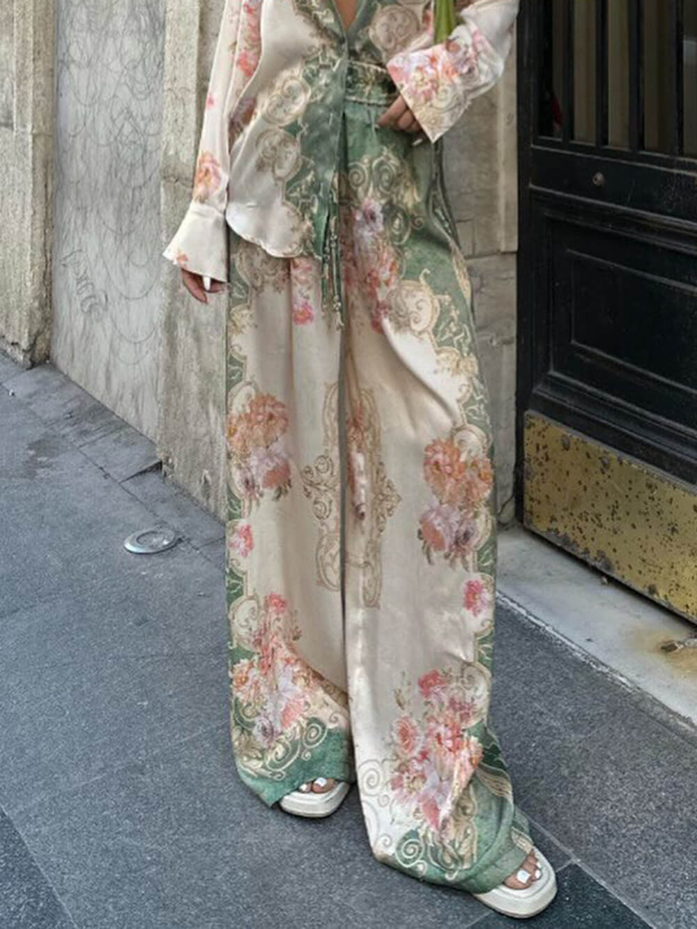 Unique Floral Loose Printed Stretch Waist Wide Leg Pants