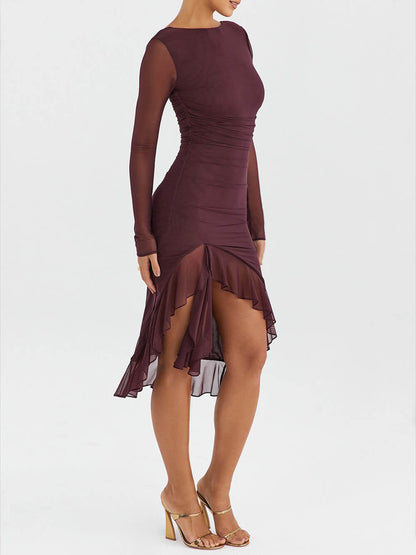 Wine Ruffle Midi Dress