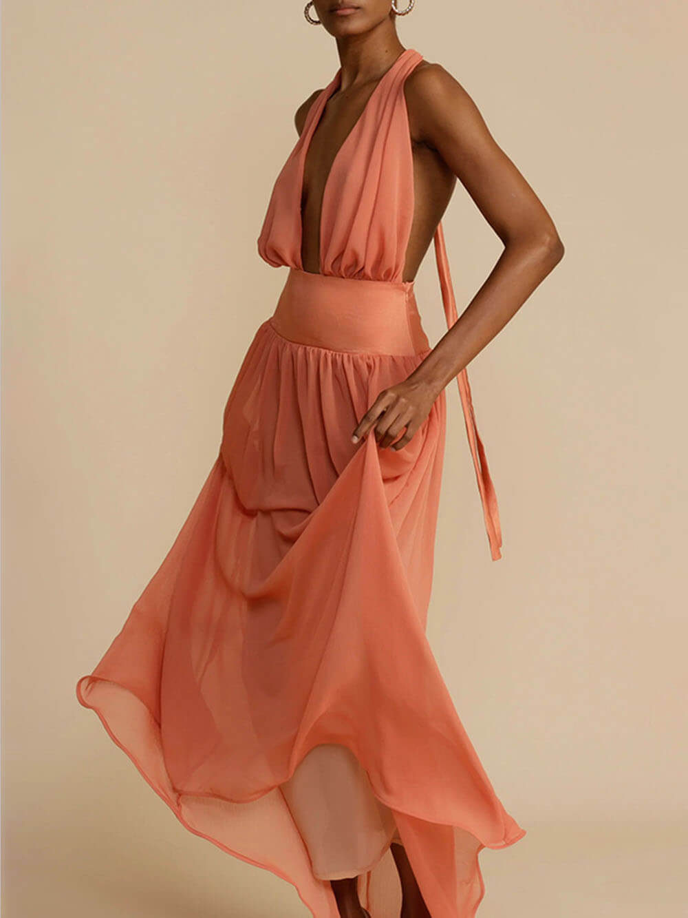 Tulle Halter Neck Backless Maxi Dress