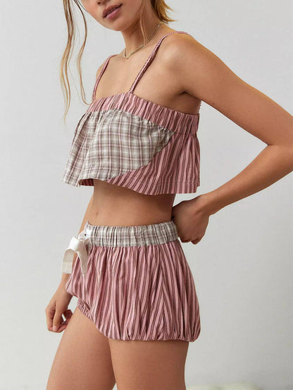 Camisole Striped Patchwork Vest Pajama Set