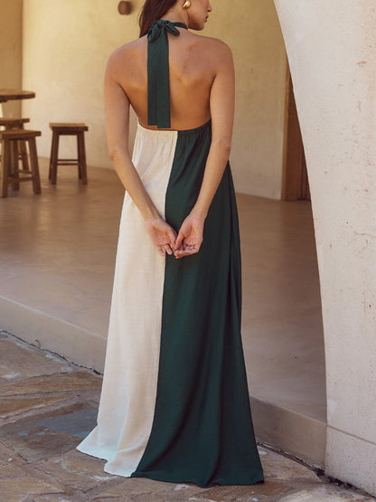 Hanging Neck Bold Contrast Color Halter Pocketed A-Line Maxi Dress