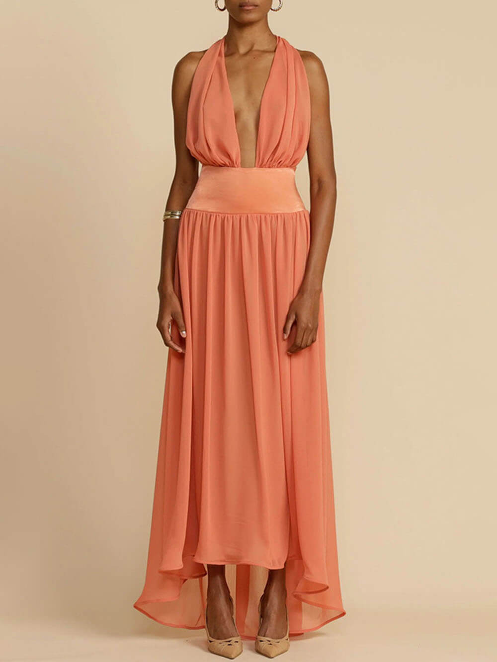 Tulle Halter Neck Backless Maxi Dress