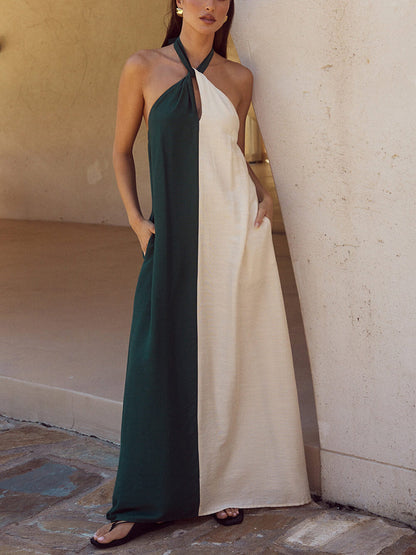 Hanging Neck Bold Contrast Color Halter Pocketed A-Line Maxi Dress