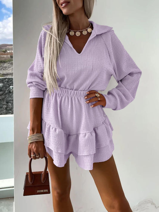 V-Neck Women's Shirt And Flared Skort Two-Piece Set